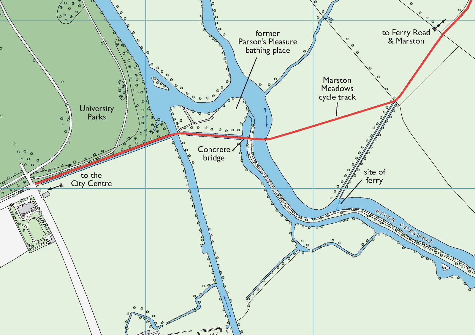 Map showing the route of Marston Meadow cycle track