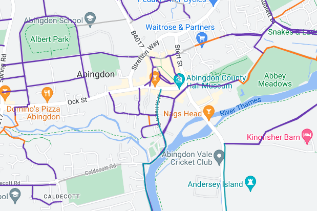Screenshot of part of a Google map showing cycle routes in Abingdone