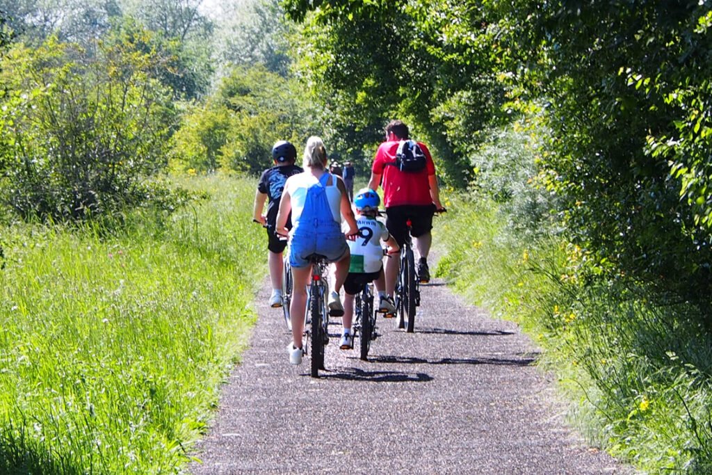 Rear view of family group cycling down path through countryside