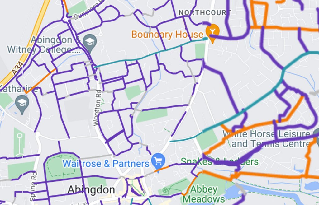 Screen shot of Google map with cycling routes marked in different colours